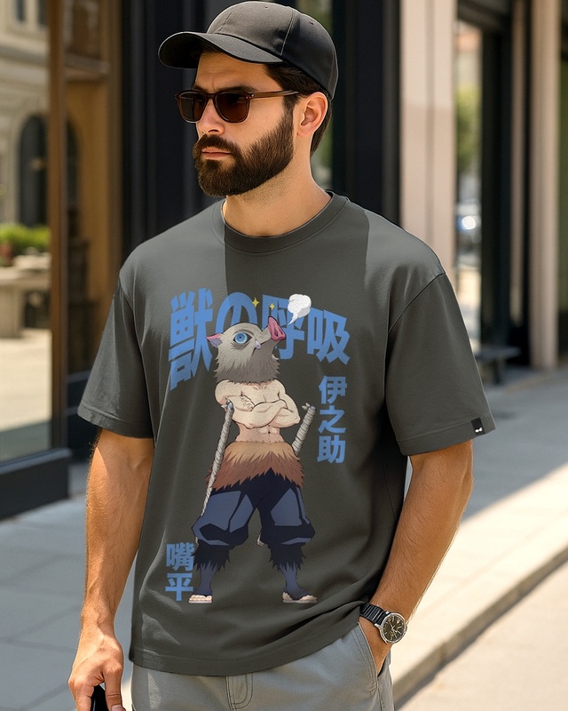 Shop Men's Dark Shadow Grey Inosuke Beast Breathing Graphic Printed Oversized T-shirt-Front