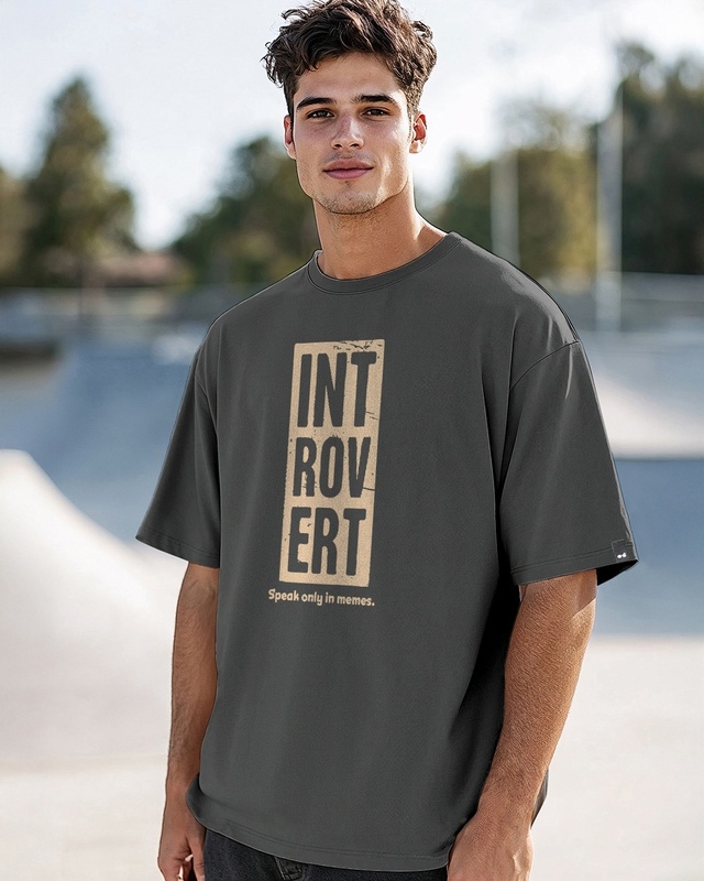 Shop Men's Dark Shadow Grey Introvert Typography Oversized T-shirt-Front
