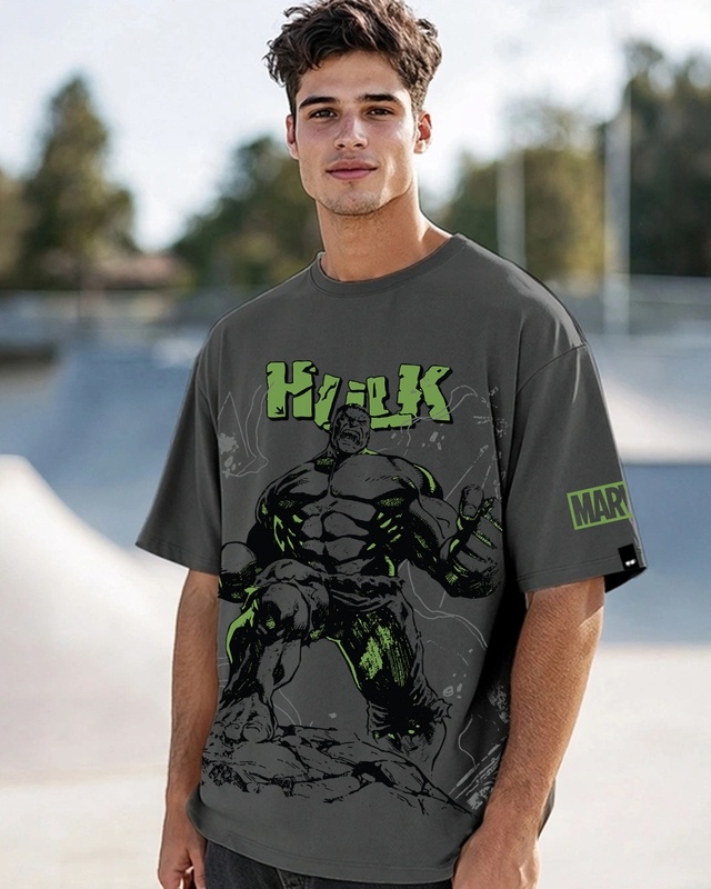 Shop Men's Dark Shadow Grey Marvel Hulk Graphic Printed Oversized T-shirt-Front