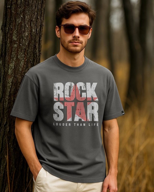 Shop Men's Dark Shadow Grey Rock Star Typography Oversized T-shirt-Front