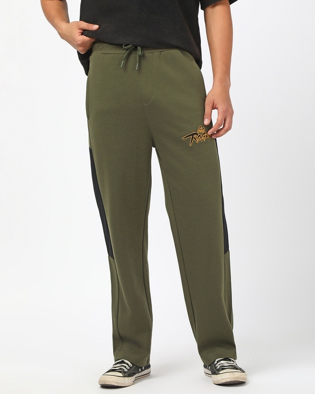 Shop Men's Deep Moss Green The Rogue Color Block Oversized Wide Leg Track Pants-Front