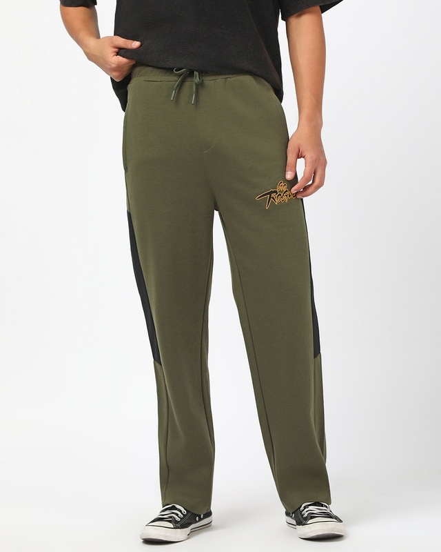 Shop Men's Deep Moss Green The Rogue Color Block Oversized Wide Leg Track Pants-Front