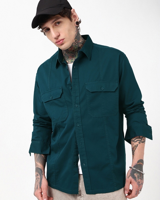 Shop Men's Deep Teal Blue Oversized Cargo Shirt-Front
