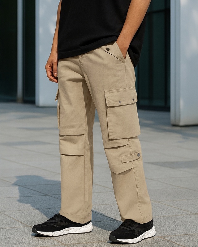 Shop Men's Dusty Beige Straight Fit Cargo Pants-Front