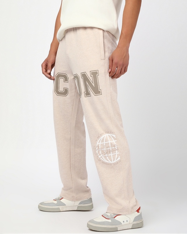 Shop Men's Ecru Melange Icon Graphic Printed Oversized Wide Leg Track Pants-Front