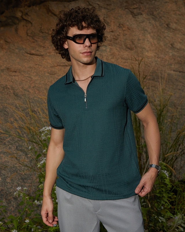 Shop Men's Emerald Green Textured Polo T-shirt-Front
