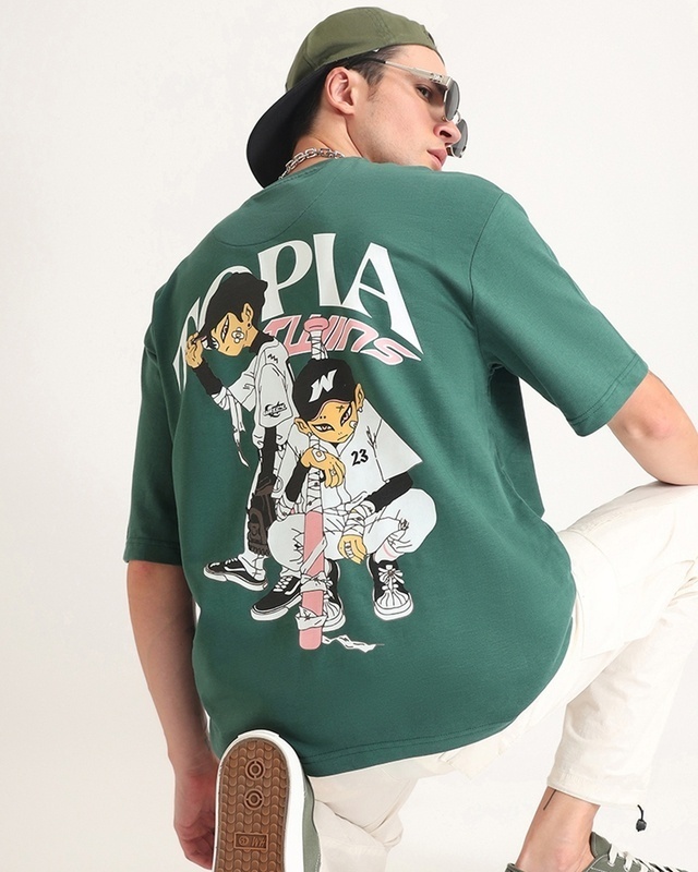 Shop Men's Emerald Green Topia Twins Puff Printed Oversized T-shirt-Front