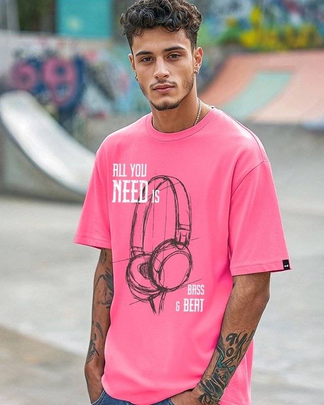 Men's Fandango Pink Bass & Beat Graphic Printed Oversized T-shirt-Front Bewakoof Shop Men's Fandango Pink Bass & Beat Graphic Printed Oversized T-shirt-Front