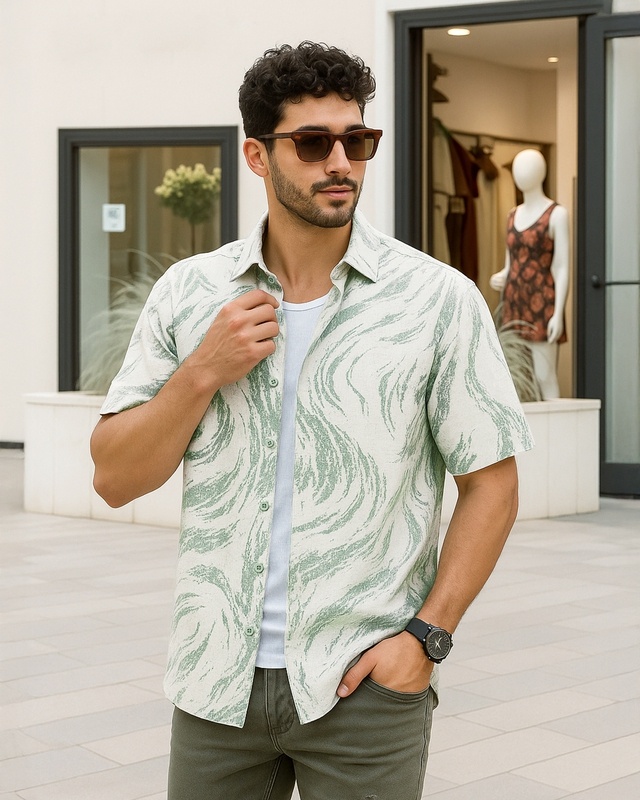 Shop Men's Fern Green All Over Printed Oversized Shirt-Front