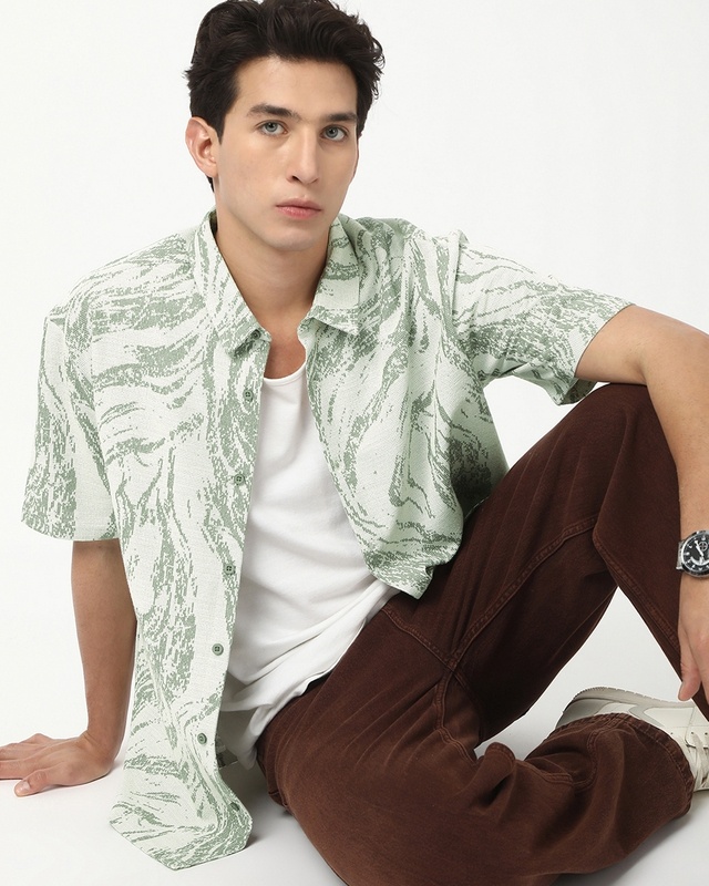 Shop Men's Fern Green All Over Printed Oversized Shirt-Front