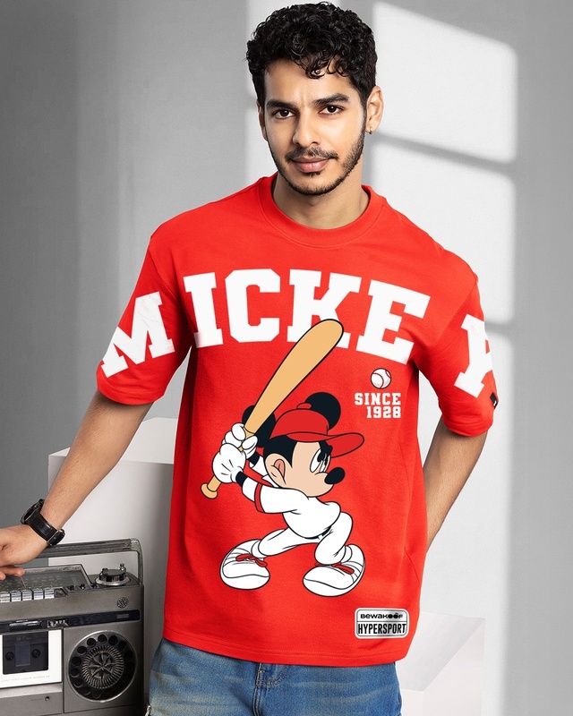 Men's Fiesta Red Mickey Graphic Printed Oversized T-shirt