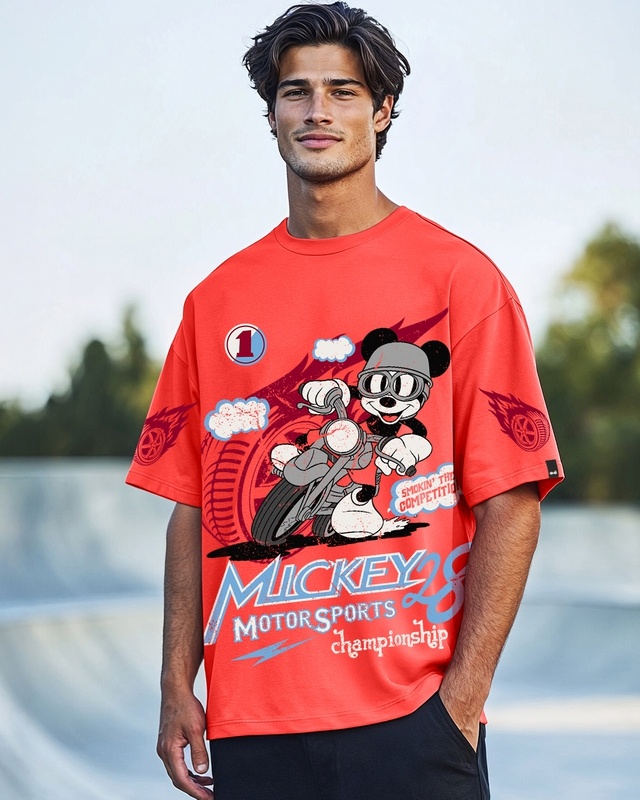 Shop Men's Fiesta Red Mickey Graphic Printed Oversized T-shirt-Front