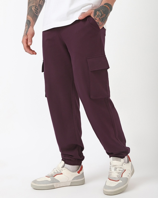 Shop Men's Fig Maroon Oversized Cargo Joggers-Front