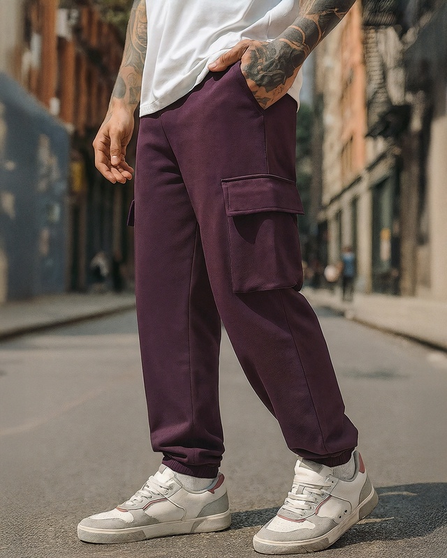 Shop Men's Fig Maroon Oversized Cargo Joggers-Front