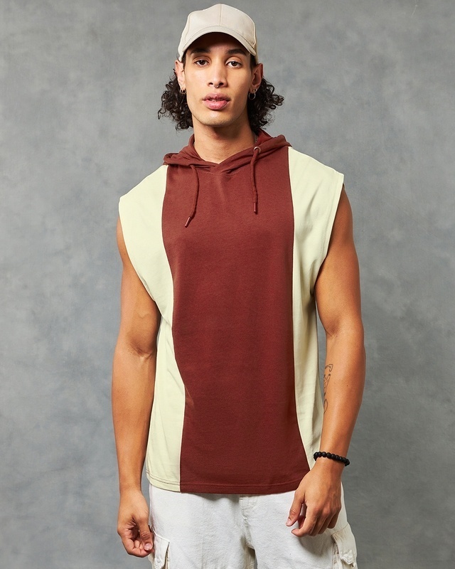 Shop Men's Brick Red & Beige Color Block Oversized Hooded Vest-Front