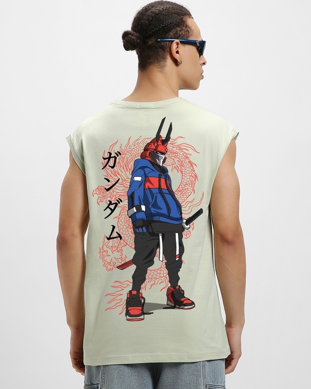 Shop Men's Fog Green Cyber Samurai Graphic Printed Boxy Fit Vest-Front