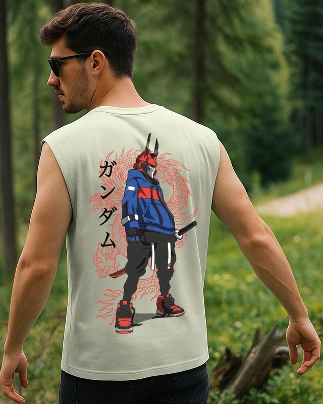 Shop Men's Fog Green Cyber Samurai Graphic Printed Boxy Fit Vest-Front