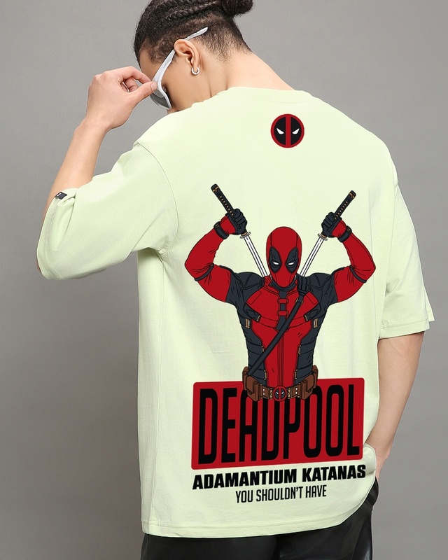 Shop Men's Fog Green Deadpool Graphic Printed Oversized T-shirt-Front