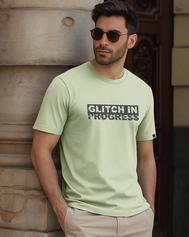 Shop Men's Fog Green Glitch Typography T-shirt-Front