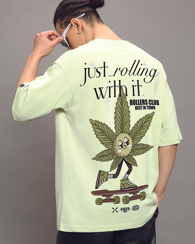 Shop Men's Fog Green Justrolling Graphic Printed Oversized T-shirt-Front