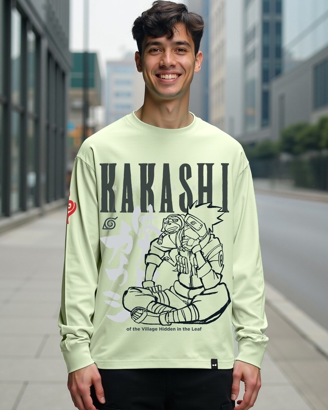 Shop Men's Fog Green Kakashi Leaf Graphic Printed Oversized T-shirt-Front