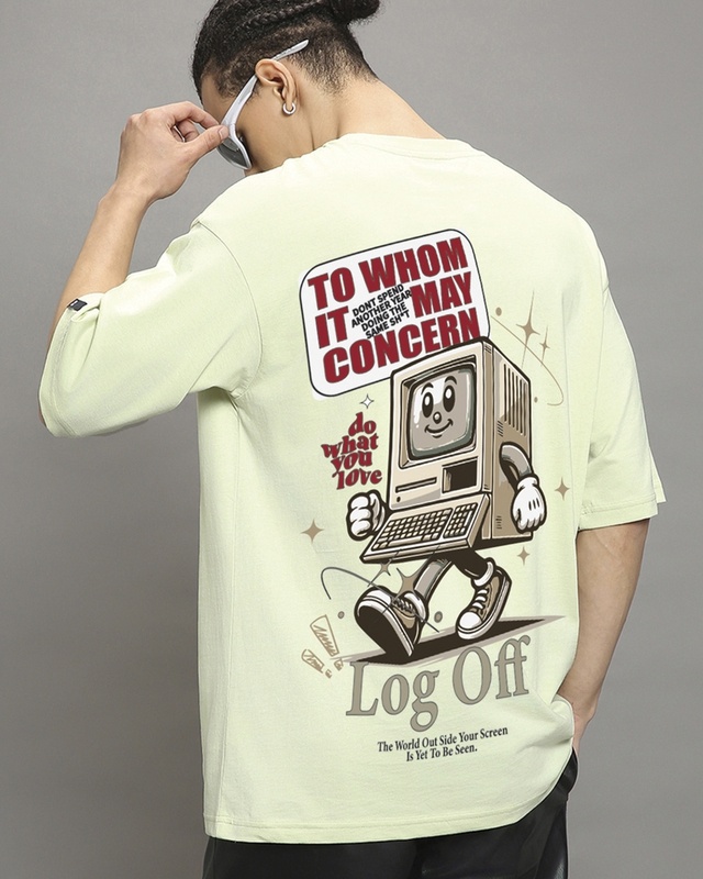 Shop Men's Fog Green Log Off Graphic Printed Oversized T-shirt-Front