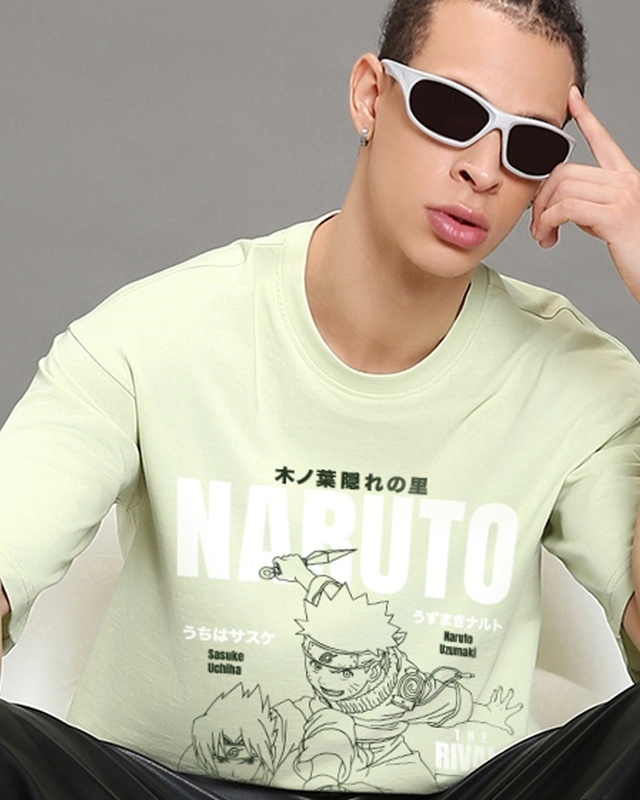 Shop Men's Fog Green Naruto Graphic Printed Oversized T-shirt-Front