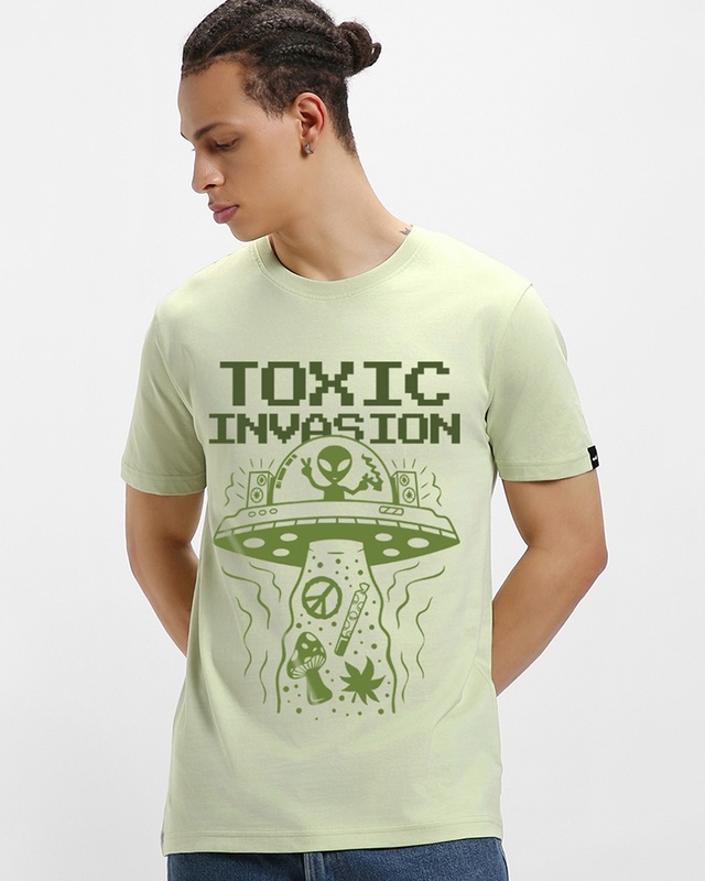 Shop Men's Fog Green Toxic Invasion Graphic Printed T-shirt-Front