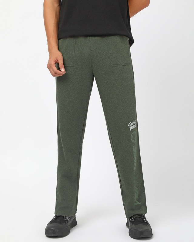 Shop Men's Forest Grey Melange Vengeance Typography Oversized Track Pants-Front