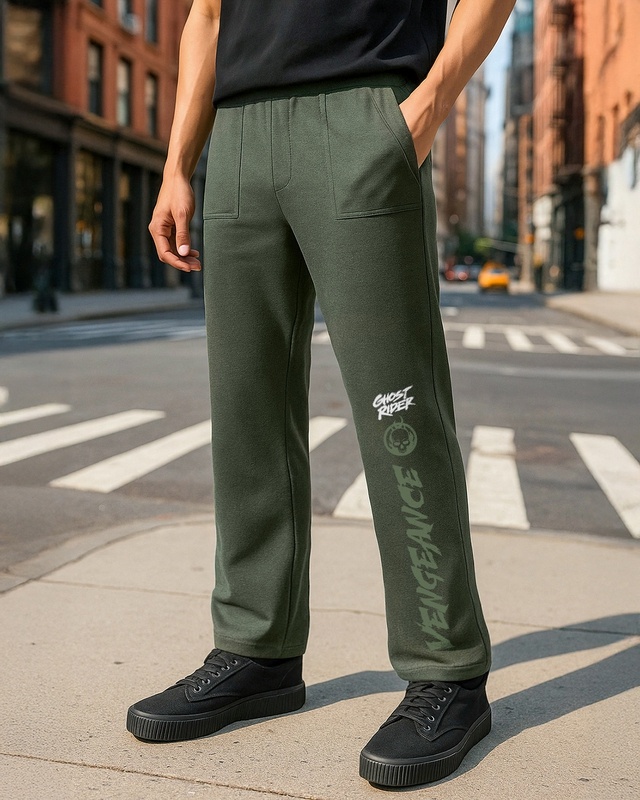 Shop Men's Forest Grey Melange Vengeance Typography Oversized Track Pants-Front
