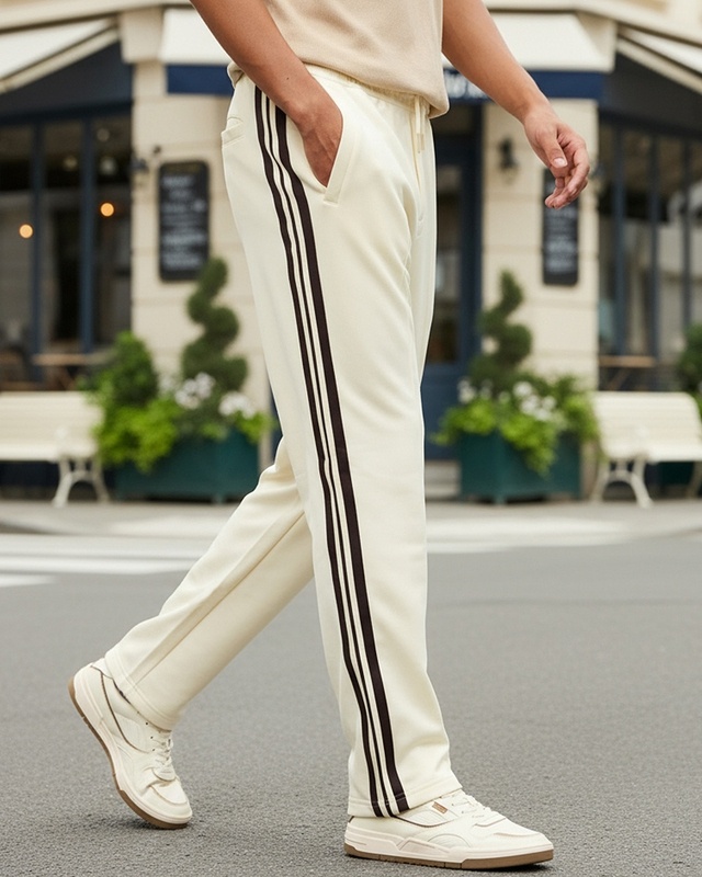 Men's Gardenia Side Panel Oversized Track Pants-Front Bewakoof Shop Men's Gardenia Side Panel Oversized Track Pants-Front