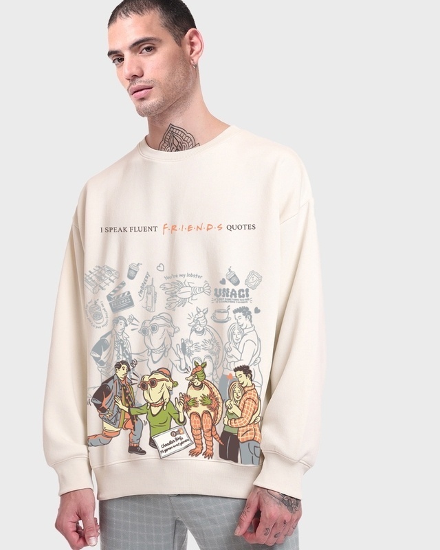 Shop Men's Gardenia Fluent in Friends Graphic Printed Oversized Sweatshirt-Front