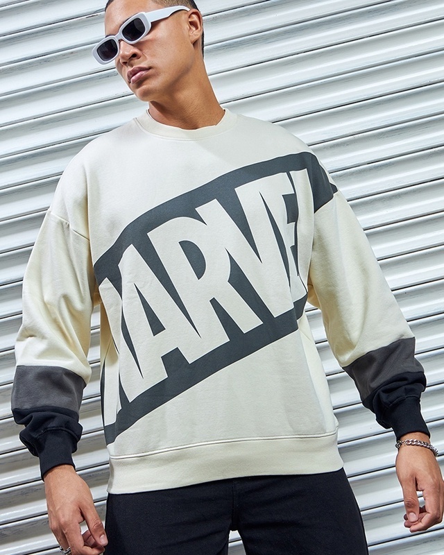 Shop Men's Gardenia Marvel Logo Typography Oversized Sweatshirt-Front