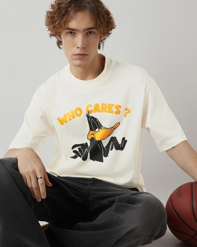 Shop Men's Gardenia Who Cares Graphic Printed Oversized T-shirt-Front