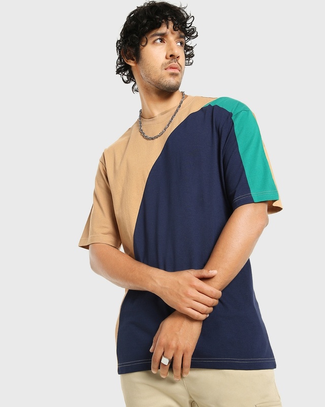 Men's Brown & Blue Color Block Oversized T-shirt