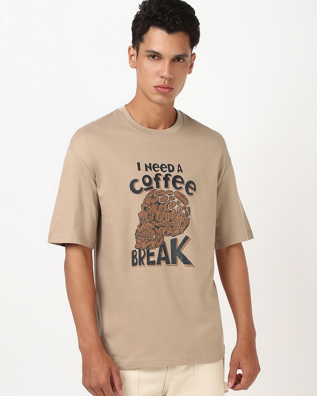 Shop Men's Ginger Root Brown Coffee Break Graphic Printed Oversized T-shirt-Front