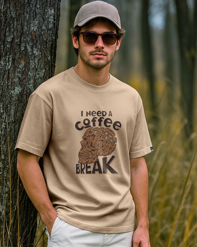 Shop Men's Ginger Root Brown Coffee Break Graphic Printed Oversized T-shirt-Front