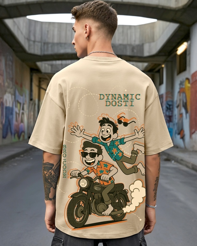 Shop Men's Ginger Root Brown Dynamic Dosti Graphic Printed Oversized T-shirt-Front