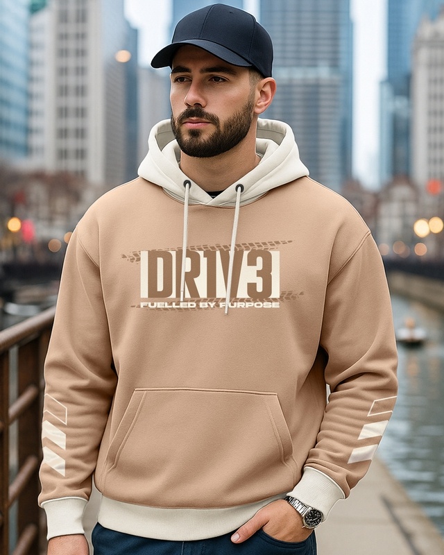 Men's Ginger Root Brown Fuelled Drive Typography Oversized Hoodies-Front Bewakoof Shop Men's Ginger Root Brown Fuelled Drive Typography Oversized Hoodies-Front
