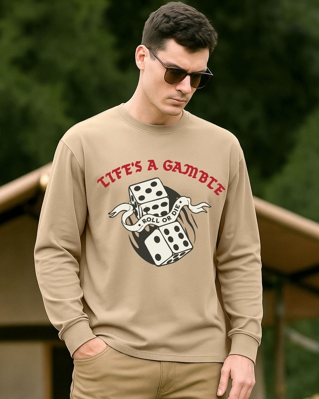 Men's Ginger Root Brown Gamble Graphic Printed Oversized T-shirt-Front Bewakoof Shop Men's Ginger Root Brown Gamble Graphic Printed Oversized T-shirt-Front