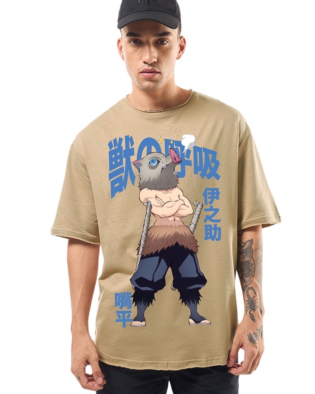 Shop Men's Ginger Root Brown Inosuke Beast Breathing Graphic Printed Oversized T-shirt-Front