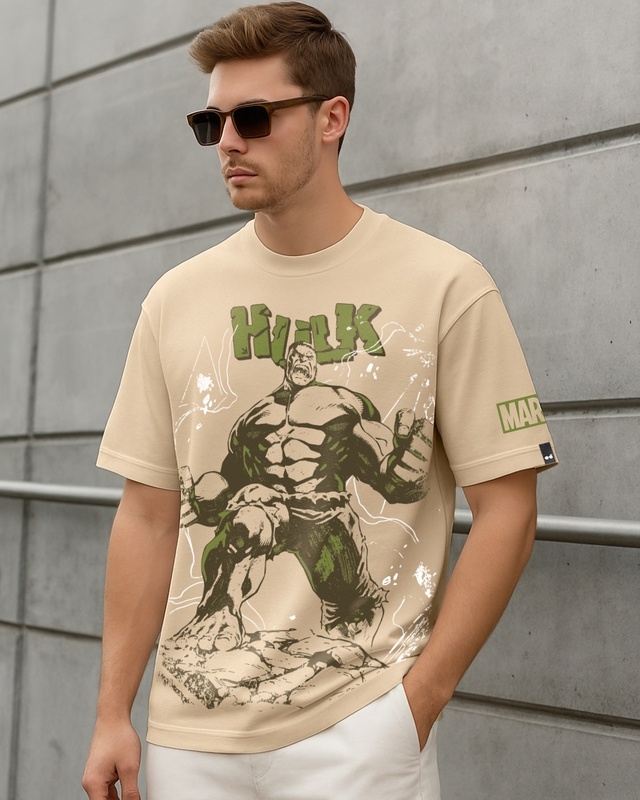 Shop Men's Ginger Root Brown Marvel Hulk Graphic Printed Oversized T-shirt-Front