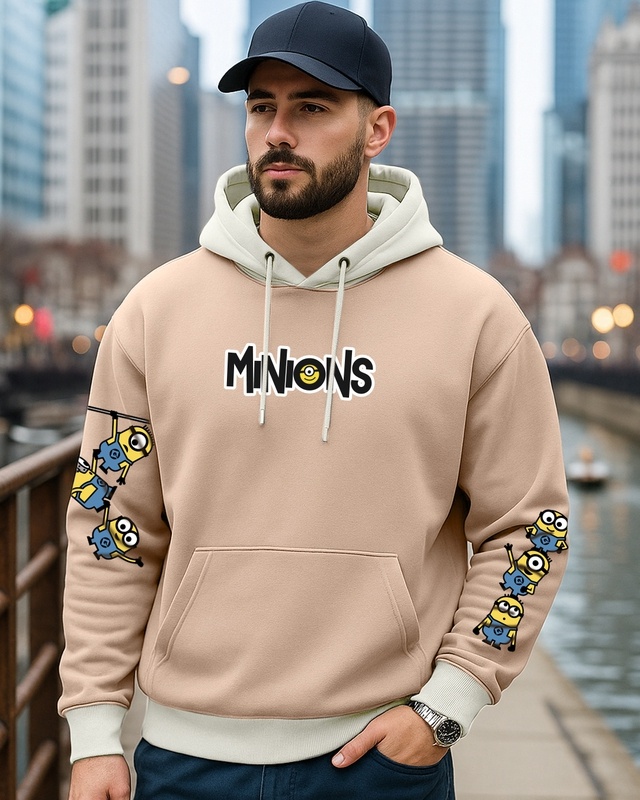 Shop Men's Ginger Root Brown Minion Mashup Graphic Printed Oversized Hoodies-Front