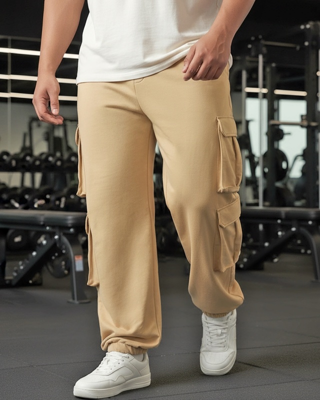Shop Men's Ginger Root Brown Super Loose Fit Plus Size Cargo Joggers-Front