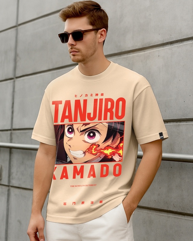 Shop Men's Ginger Root Brown Tanjiro Fire Breathing Graphic Printed Oversized T-shirt-Front