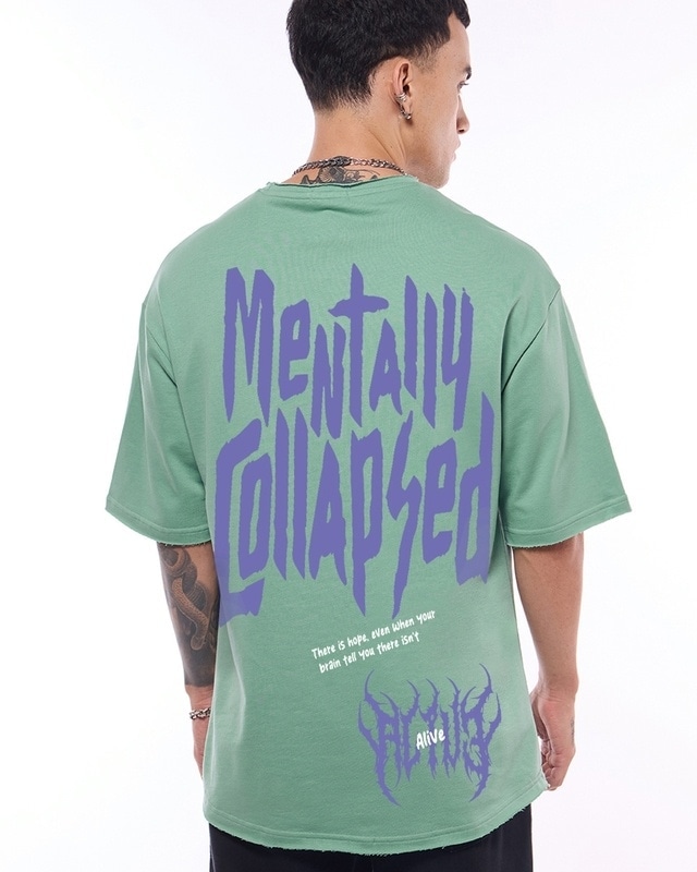 Shop Men's Granite Green Collapsed Typography Oversized T-shirt-Front