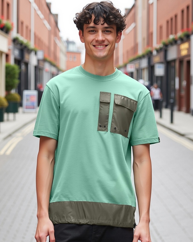 Shop Men's Granite Green Color Block Oversized T-shirt-Front