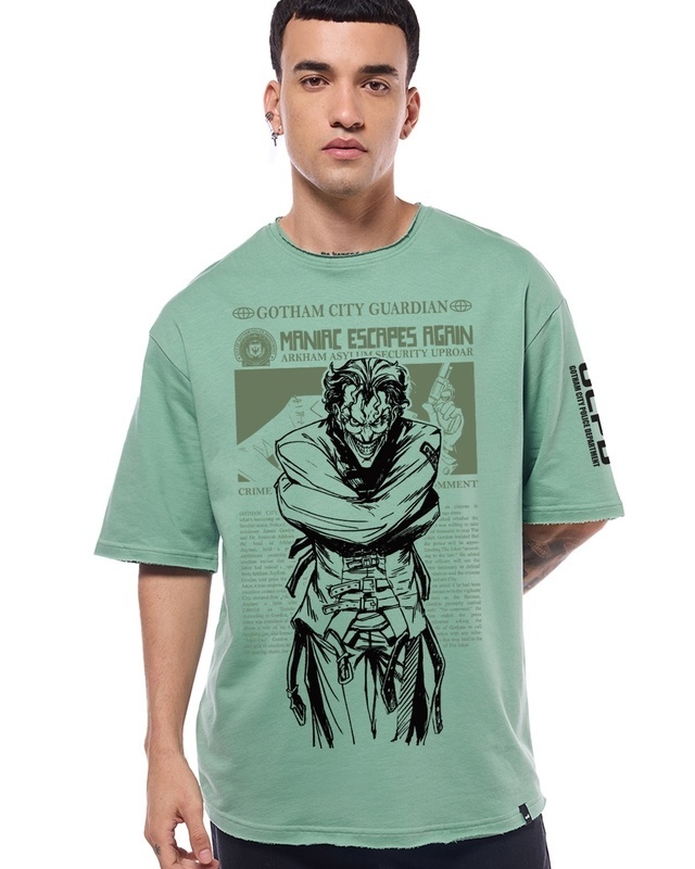 Shop Men's Granite Green Maniac Escapes Graphic Printed Oversized T-shirt-Front