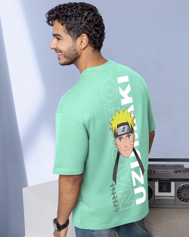Shop Men's Granite Green Naruto Graphic Printed Oversized T-shirt-Front