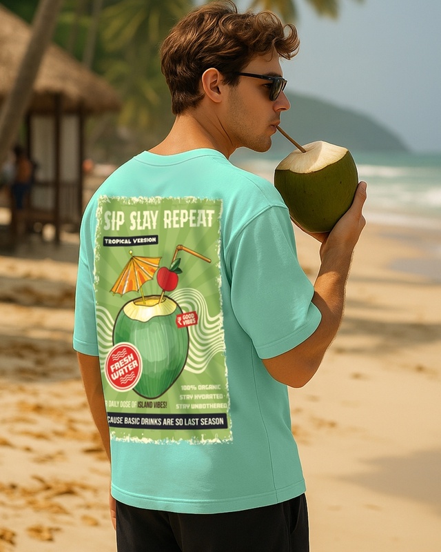 Shop Men's Granite Green Sip Slay Repeat Graphic Printed Oversized T-shirt-Front
